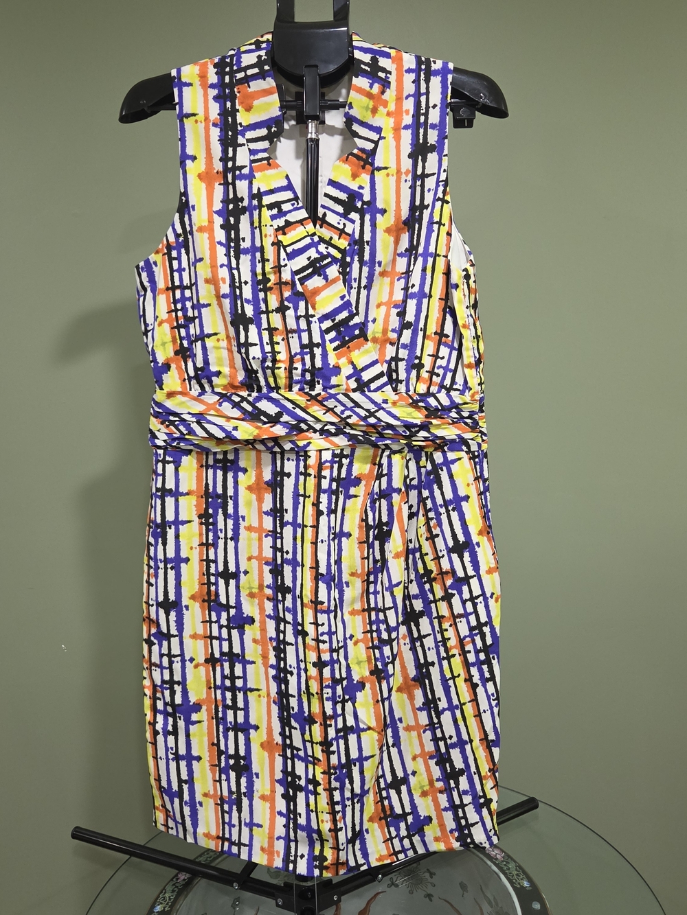 Vince Camuto Sleeveless Stripe-Grid Print Midi Dress - White, Blue & Orange